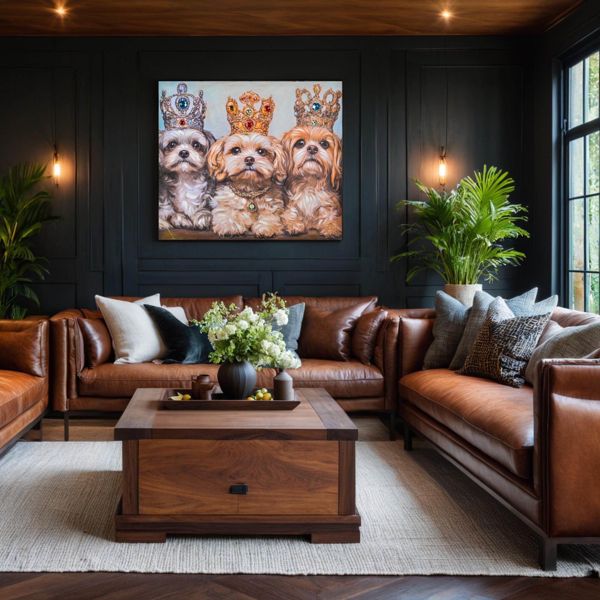 LAMIIDEKO Canvas Wrapped Framed Puppy Wall Picture Print Art, Textured hand painting and glitters details, ready to hang design