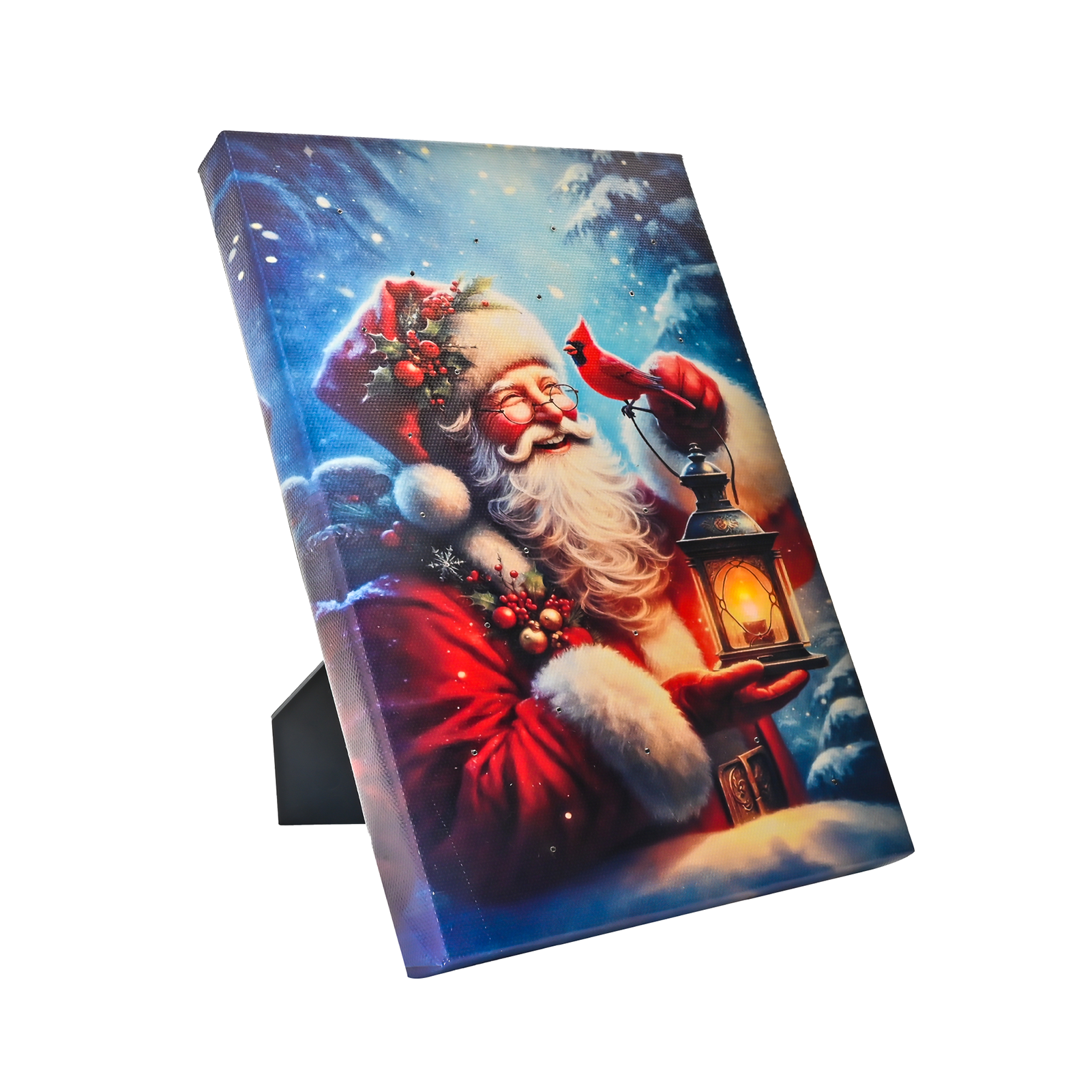 LAMIIDEKO Christmas Man with Red Cardinal Lighted Canvas Pictures with Timing Function, 8"x6" Framed Artist Origin Paintings Print for Tabletop Seasonal Decoration