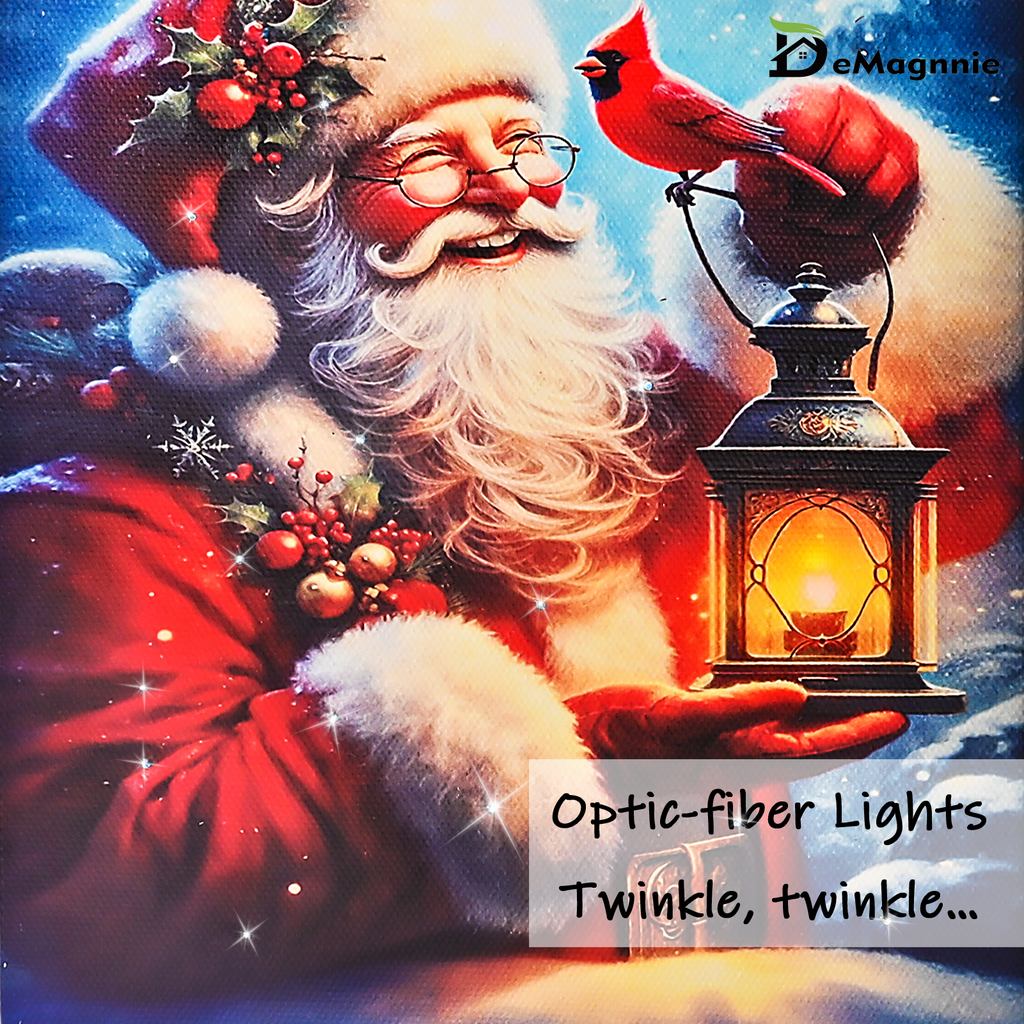 LAMIIDEKO Christmas Man with Red Cardinal Lighted Canvas Pictures with Timing Function, 8"x6" Framed Artist Origin Paintings Print for Tabletop Seasonal Decoration