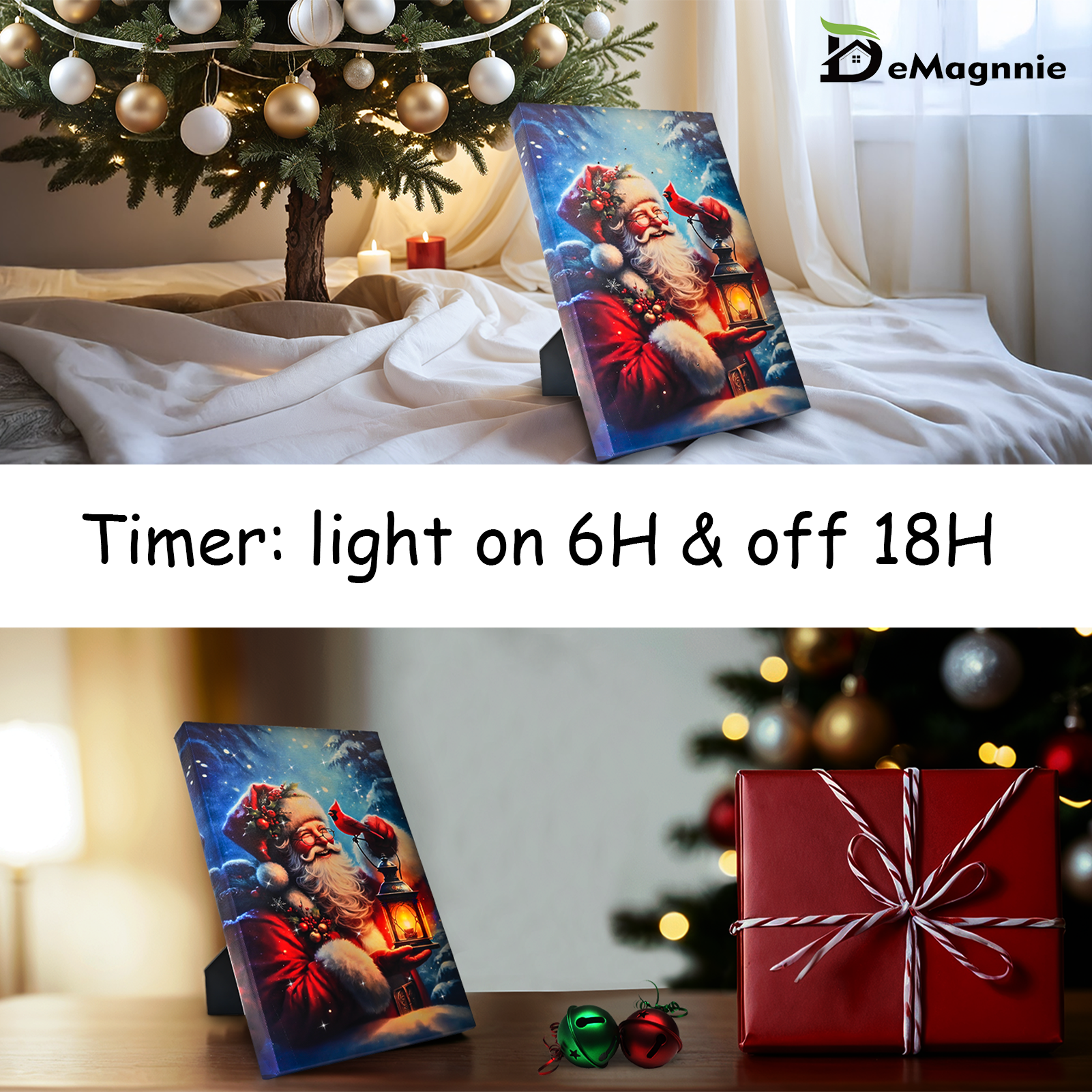 LAMIIDEKO Christmas Man with Red Cardinal Lighted Canvas Pictures with Timing Function, 8"x6" Framed Artist Origin Paintings Print for Tabletop Seasonal Decoration