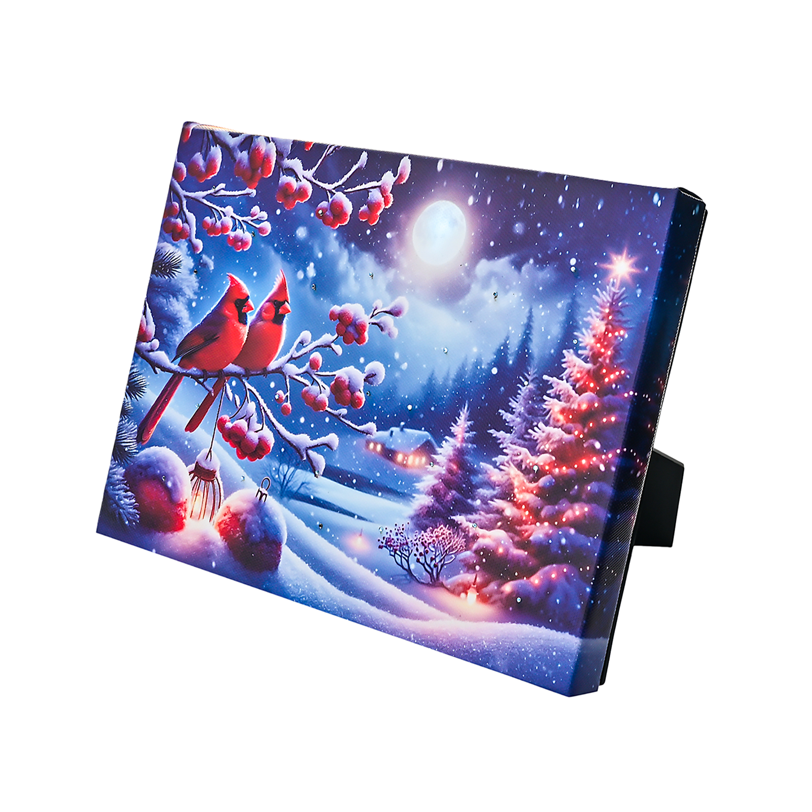 LAMIIDEKO Christmas Trees with Red Cardinals Lighted Small Canvas Wall Art with Timer, 6"x8" Framed Light Up Paintings Print for Desktop Seasonal Decor