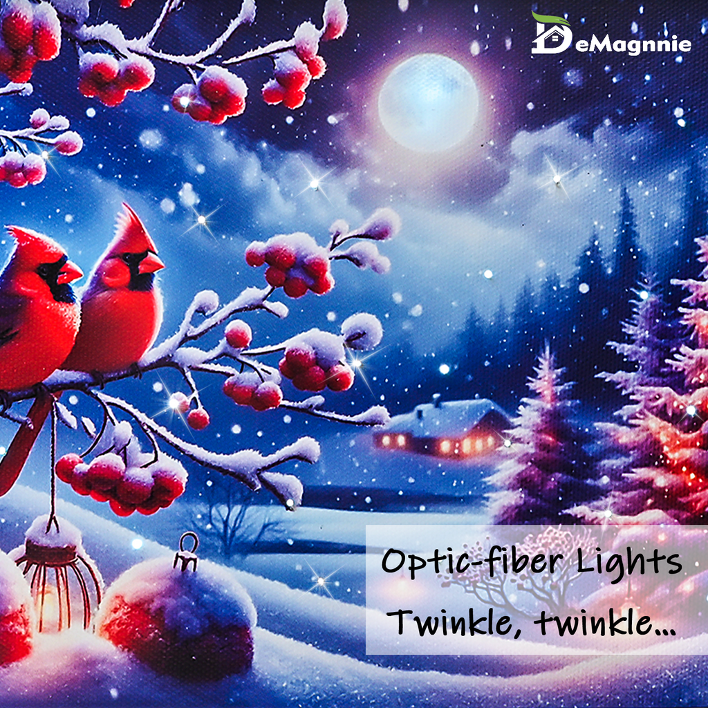 LAMIIDEKO Christmas Trees with Red Cardinals Lighted Small Canvas Wall Art with Timer, 6"x8" Framed Light Up Paintings Print for Desktop Seasonal Decor