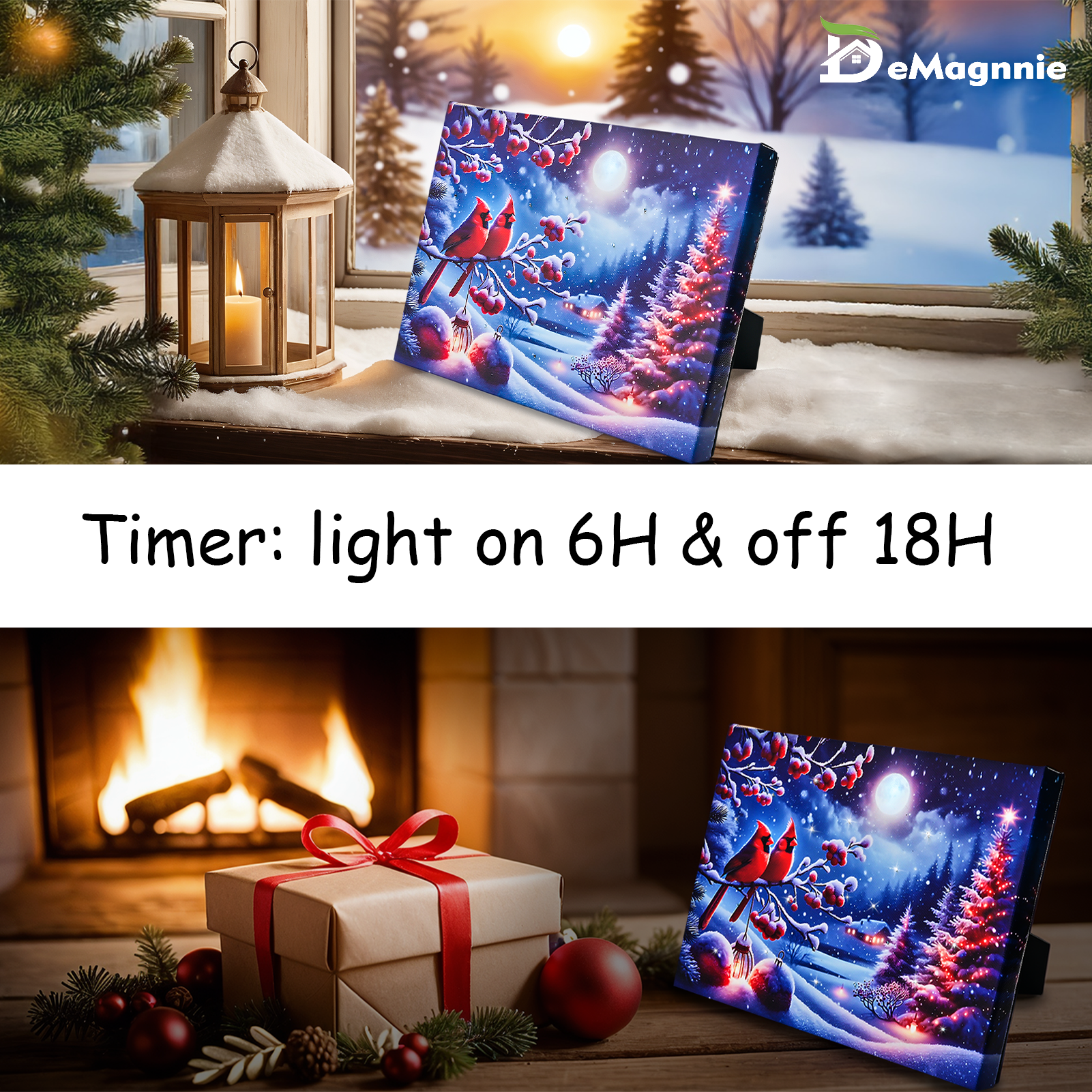 LAMIIDEKO Christmas Trees with Red Cardinals Lighted Small Canvas Wall Art with Timer, 6"x8" Framed Light Up Paintings Print for Desktop Seasonal Decor